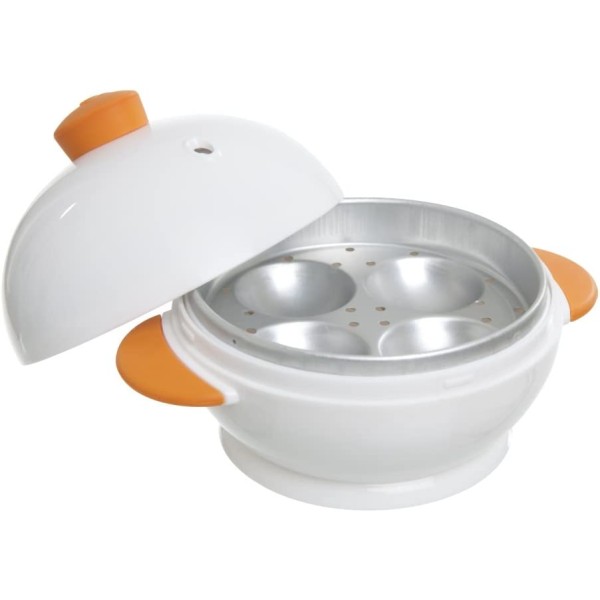 4 Boiler Joie Big Boiley Microwave Egg Cooker, White with Orange Handles